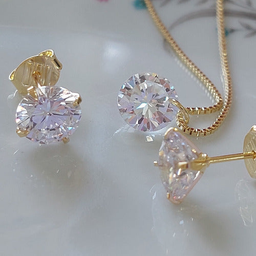 Conjunto Colar E Brinco Pedra Zirconia Ponto De Luz Banhado
