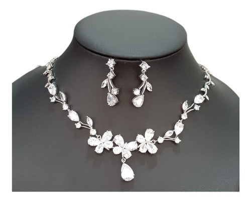 Colar E Brinco Noiva Zircônia Prata Festa Debutante Luxo
