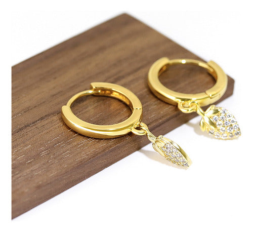 Brinco Argola Pingente Morango Pedra Zirconia Banha Ouro 18k