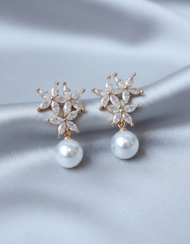 Brinco Noiva Zirconia Pérola  Dourado Pequeno Luxo