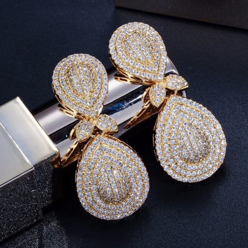 Brinco Noiva Zirconia Dourado Pendurado Festa Debutante Gota