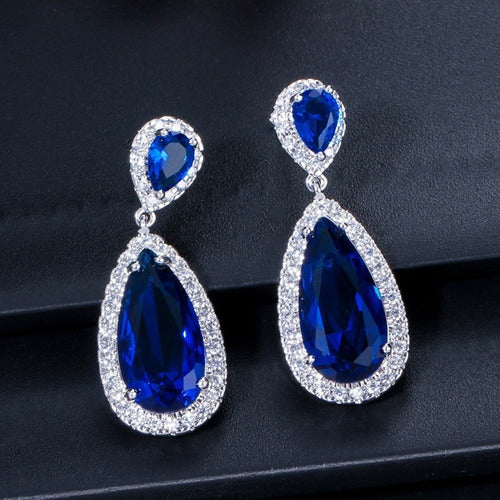 Brinco Pedra Zirconia Prata Festa Gota Azul Debutante Madrin