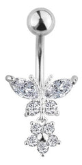 Piercing De Umbigo Prata Pendurado Pedra Borboleta Flor