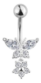 Piercing De Umbigo Prata Pendurado Pedra Borboleta Flor