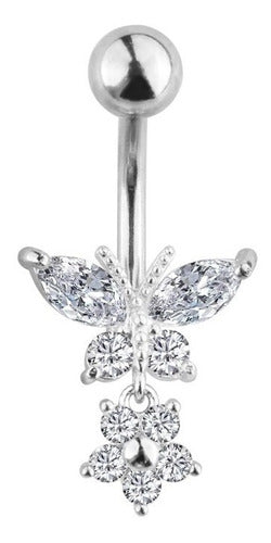 Piercing De Umbigo Prata Pendurado Pedra Borboleta Flor