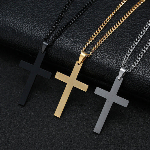 Corrente Masculina Aço Inox Pingente Cruz Preta Prata 60 Cm
