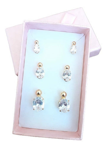 Trio Brinco Pedra Zirconia Oval F Ouro 18k Dourado Folheado