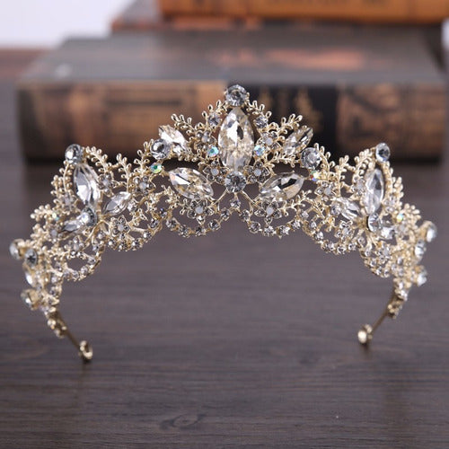 Coroa Tiara Arranjo Cabelo Noiva Strass Dourada Ouro Luxo