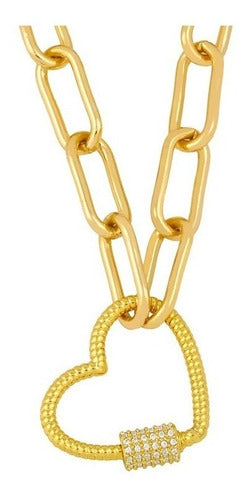 Colar Coração Mosquetão Moda Dourado Pedra Zirconia