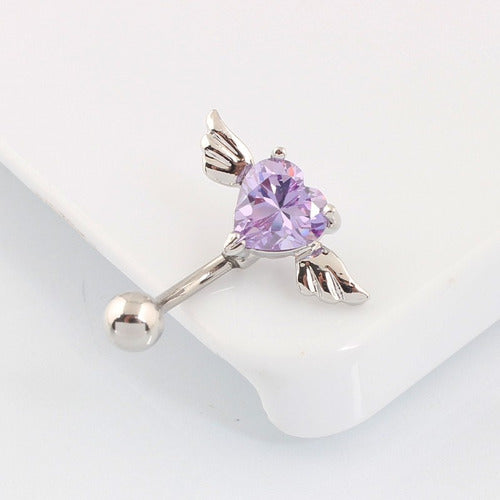 Piercing De Umbigo Invertido Prata Zirconia Coração Rosa Rox