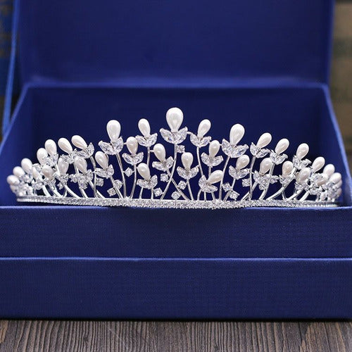 Coroa Tiara Arranjo Cabelo Noiva Prata Zirconia E Perola