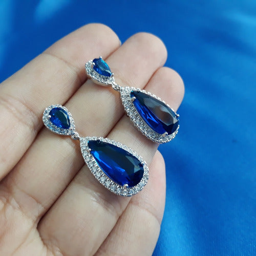 Brinco Pedra Zirconia Prata Festa Gota Azul Debutante Madrin