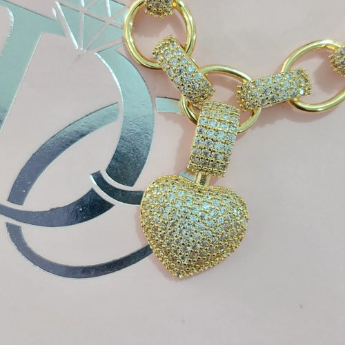 Pulseira Bracelete F. Ouro 18k Com Zircônia Pingente Coração