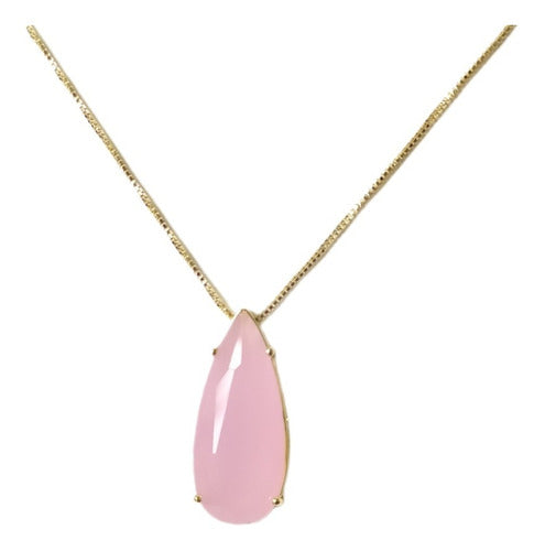 Colar Pedra Zirconia Gota Rosa Leitosa Rosê Folheado Ouro 18