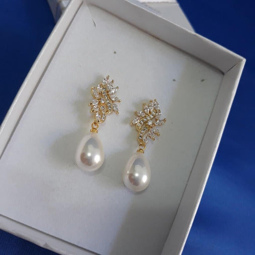 Brinco Pérola E Zirconia Noiva Pequeno Delicado Dourado Gota