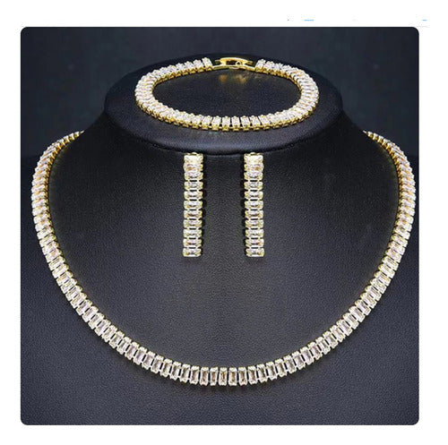 Colar Chocker Riviera Brinco Pulseira Zircônia Dourado Festa