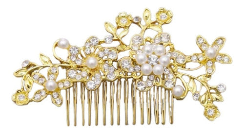Arranjo Enfeite Aplique Cabelo Noiva Dourado Strass Perola