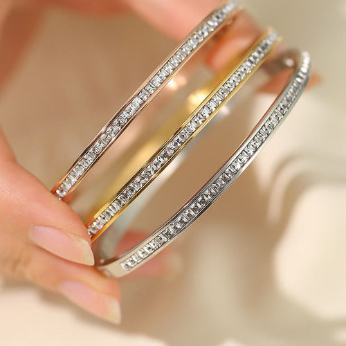Pulseira Bracelete Prata Dourada Aço Inoxidável Zirconia
