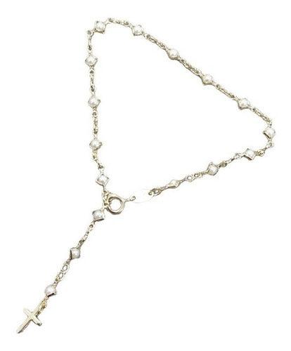 Pulseira Bracelete Terço Noiva Dourada F Ouro Com Pérolas
