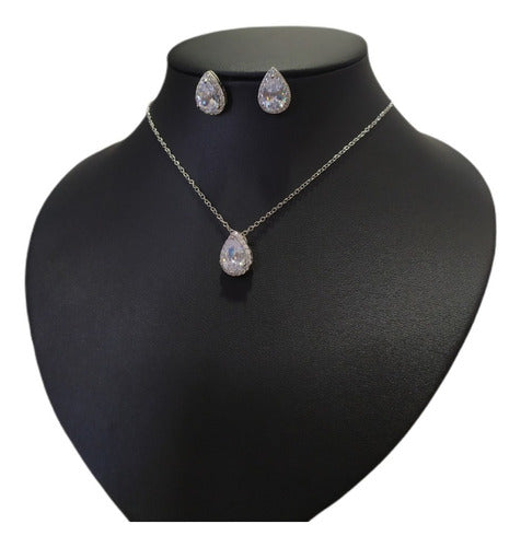 Conjunto Colar Brinco Noiva Pedra Zirconia Prata Dourad Gota