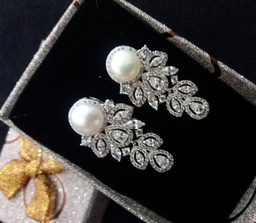 Brinco Noiva Zirconia Perola Pendurado Prata Delicado Festa