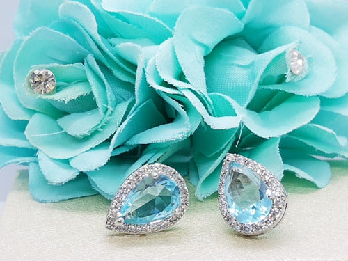 Brinco Pedra Zirconia Prata Gota Debutante Azul Claro Festa
