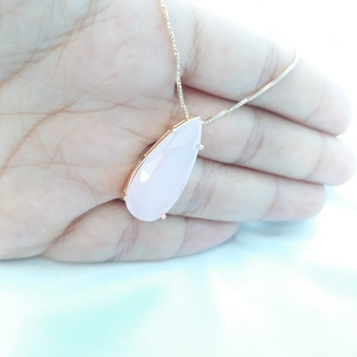 Colar Pedra Zirconia Gota Rosa Leitosa Rosê Folheado Ouro 18
