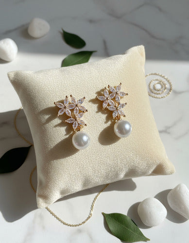 Brinco Noiva Zirconia Pérola  Dourado Pequeno Luxo