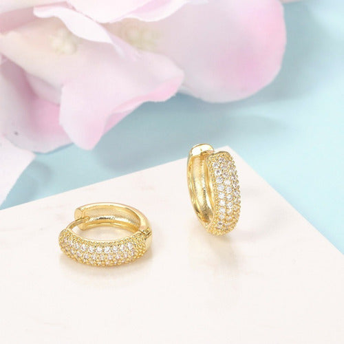 Brinco Argola Pedra Zirconia Dourado F. Ouro 18k  12 Mm