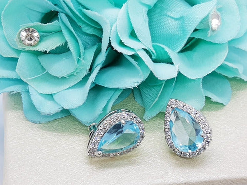 Brinco Pedra Zirconia Prata Gota Debutante Azul Claro Festa