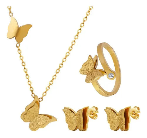 Conjunto Colar Brinco Anel Bracelete Borboleta Dourado Aço Dourado