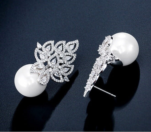 Brinco Noiva Zirconia E Pérola Prata Delicado Luxo