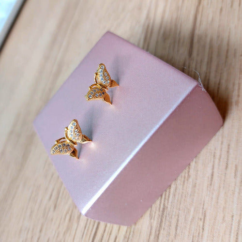 Brinco Pedra Zirconia Dourado Banhado A Ouro Borboleta