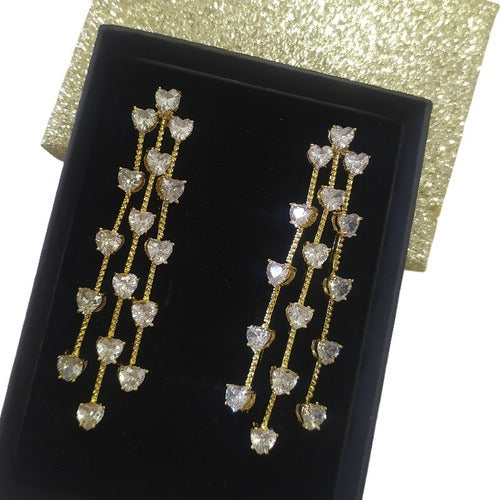 Brinco Noiva Dourado Zirconia Pendurado Debutante Festa Luxo