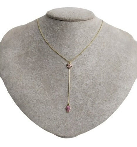 Colar Gravatinha Zirconia Prata Mão De Fátima Rubi Vermelho