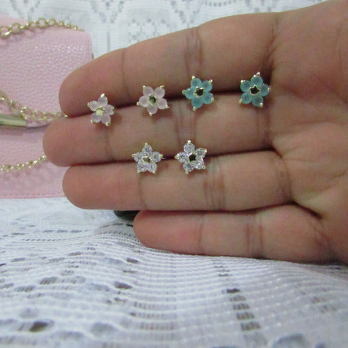 Brinco Flor Zirconia Pequeno Dourado Prata Rosa Verde F Ouro