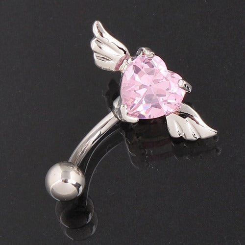 Piercing De Umbigo Invertido Prata Zirconia Coração Rosa Rox