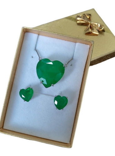 Conjunto Colar E Brinco Coração Pedra Zirconia Fusion Verde