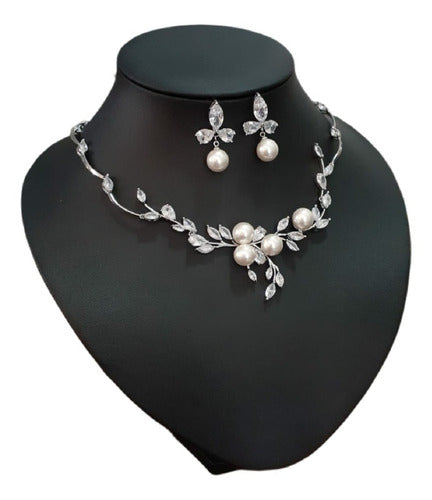 Colar E Brinco Noiva Zircônia E Pérola Prata Festa Debutante