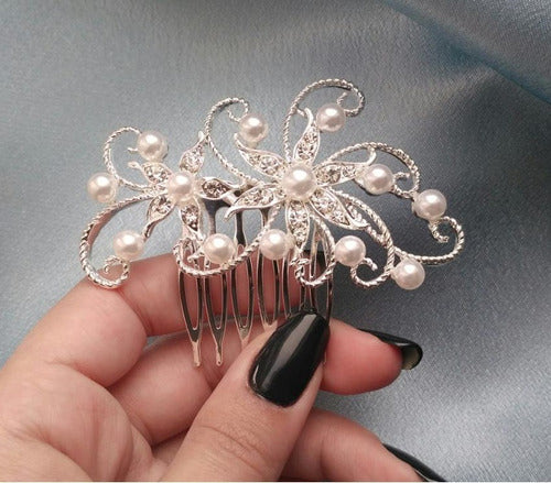 Arranjo Enfeite Cabelo Noiva Strass Perola Prata Debutante