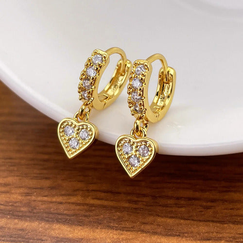Brinco Argola Com Pedra De Zircônia Coração Pendurada F Ouro