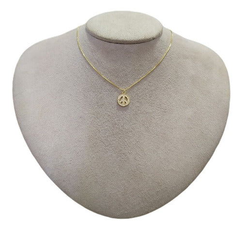 Colar Símbolo Da Paz Hippie Pedra Zirconia F. Ouro Semijoia