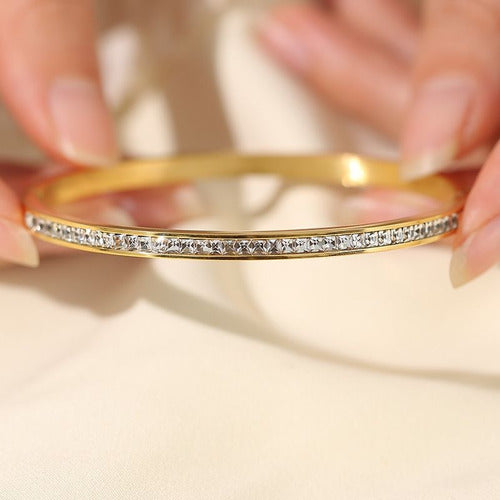Pulseira Bracelete Prata Dourada Aço Inoxidável Zirconia