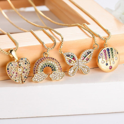 Colar Borboleta Pedra Zirconia Colorido Dourado F. Ouro 18k