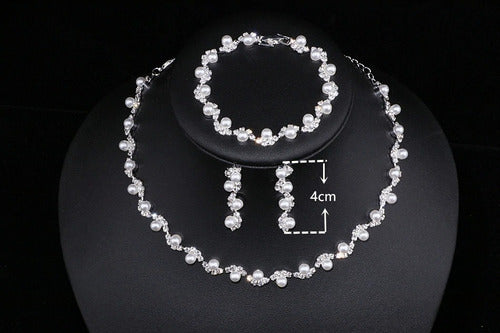 Conjunto Colar Brinco Pulseira Strass Pérola Noiva Festa