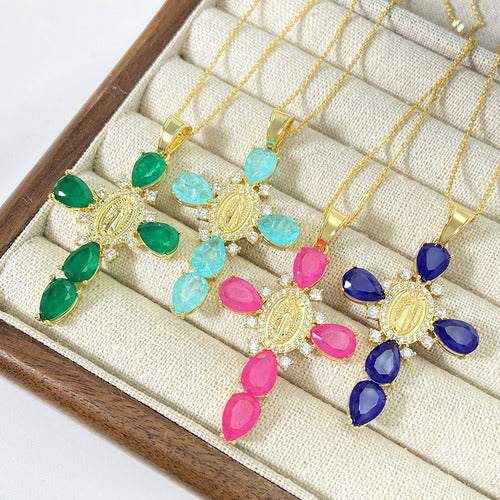 Colar Cruz Crucifixo Zirconia Vermelho Verde Azul F Ouro 18k