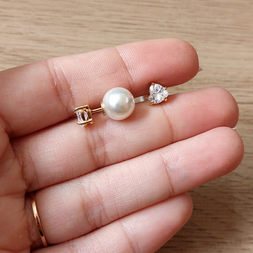 Brinco Pérola Traseira Inspiração Pedra Zirconia F. Ouro 18k