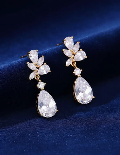 Brinco Noiva Dourado Zirconia Pendurado Debutante Luxo Gota Dourado