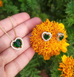 Conjunto Colar E Brinco Coração Pedra Zirconia Preto Verde
