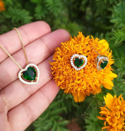 Conjunto Colar E Brinco Coração Pedra Zirconia Preto Verde
